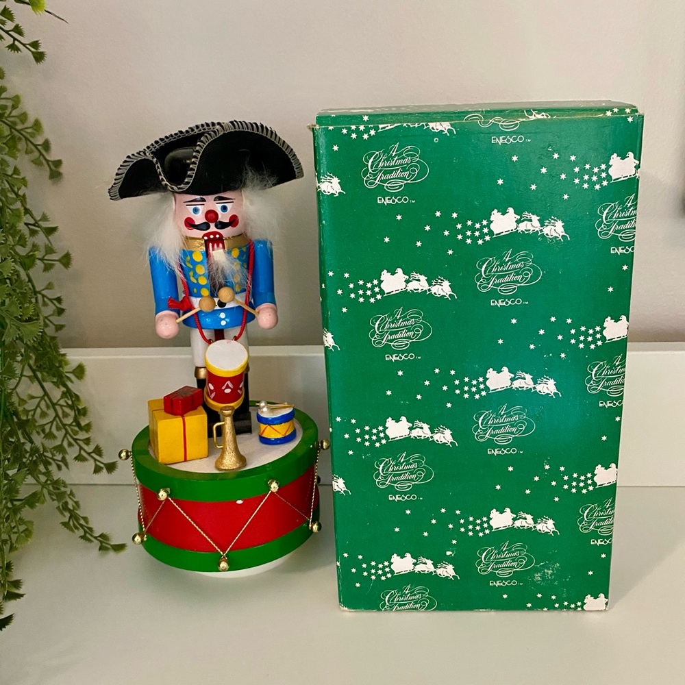 Festive Enesco Musical Nutcracker with Drum and Gifts, 1985